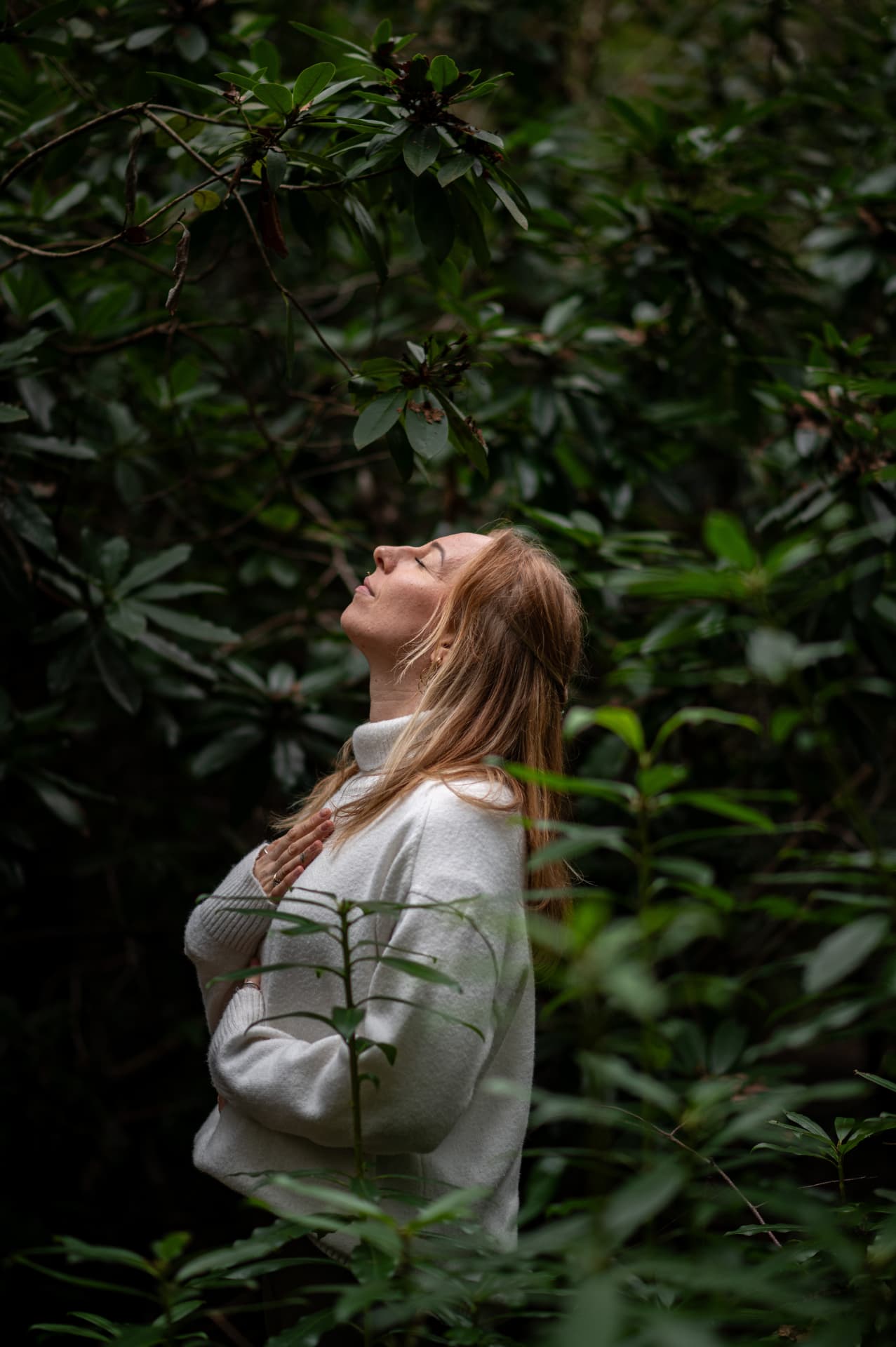 Lottie standing among deep green foliage with her hand over her heart, face turned to the light